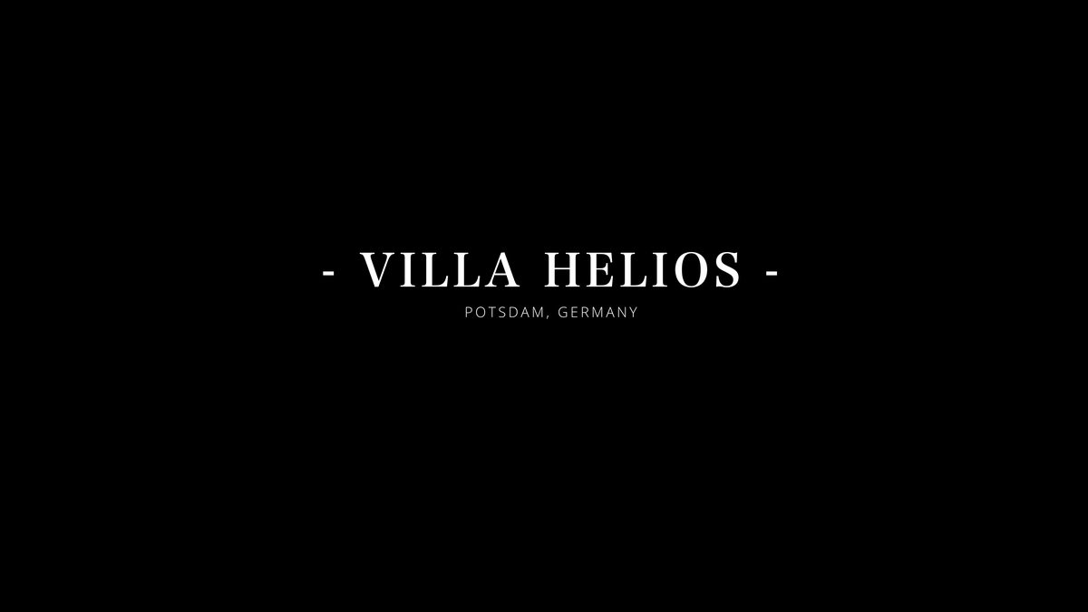 Title card of the film: Villa Helios, Potsdam, Germany — white lettering on black